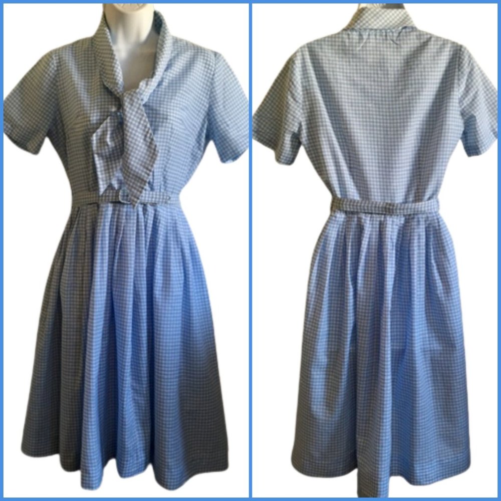 Cay Artley Vintage 60s Dress Blue White Gingham Shirtdress Bow Collar Mid Mod